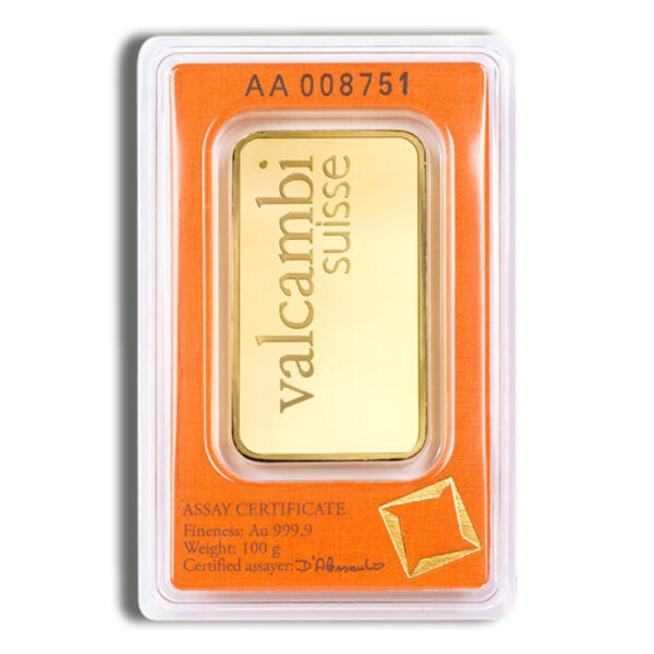 Reverse of 100 gram Valcambi Suisse gold bar assay card