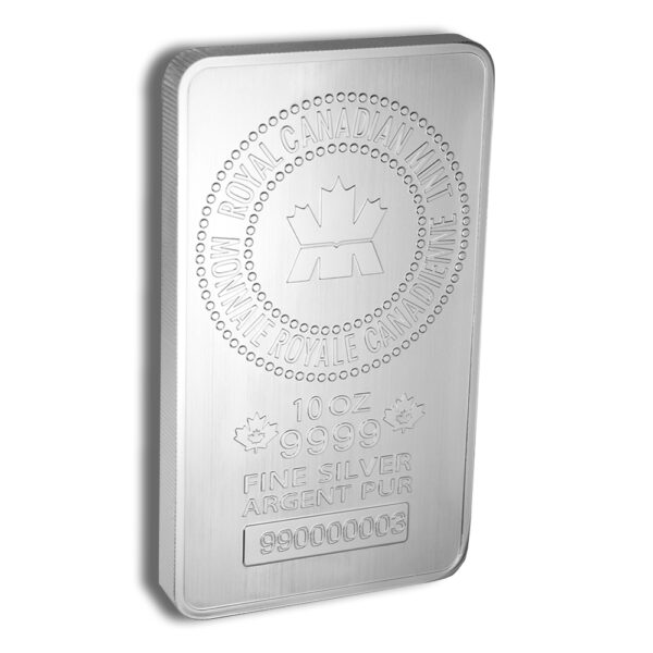 Ten-ounce Royal Canadian Mint silver bar front