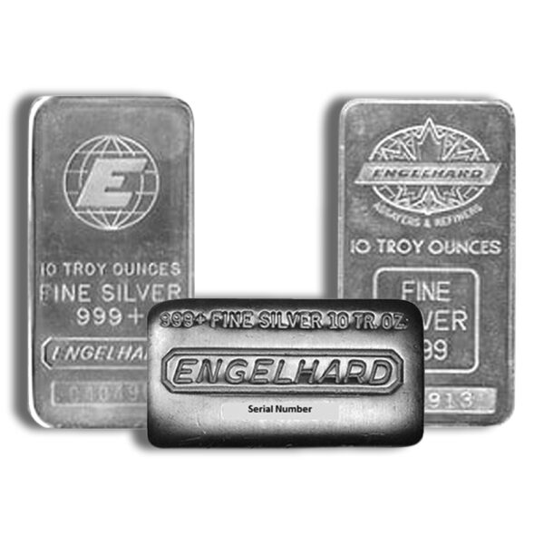 Engelhard 10 oz silver bar with design varying by item