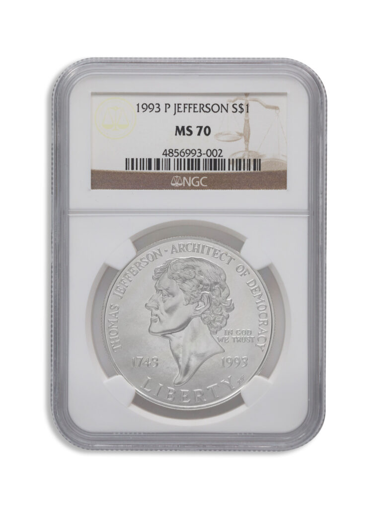1993-P $1 Jefferson Silver Commem – NGC MS70