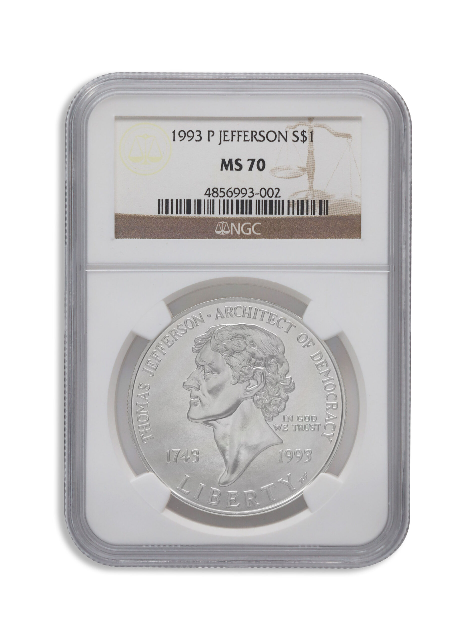 1993-P $1 Jefferson Silver Commem - NGC MS70