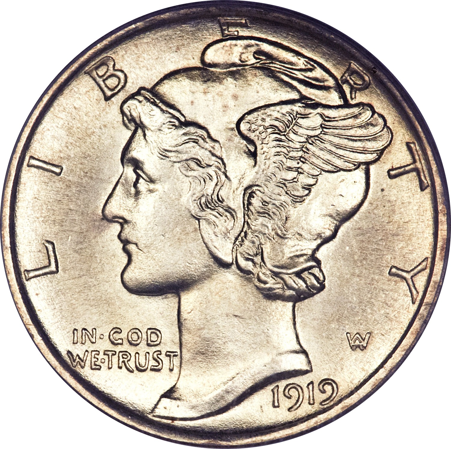 Mercury dime obverse showing Liberty wearing a winged cap
