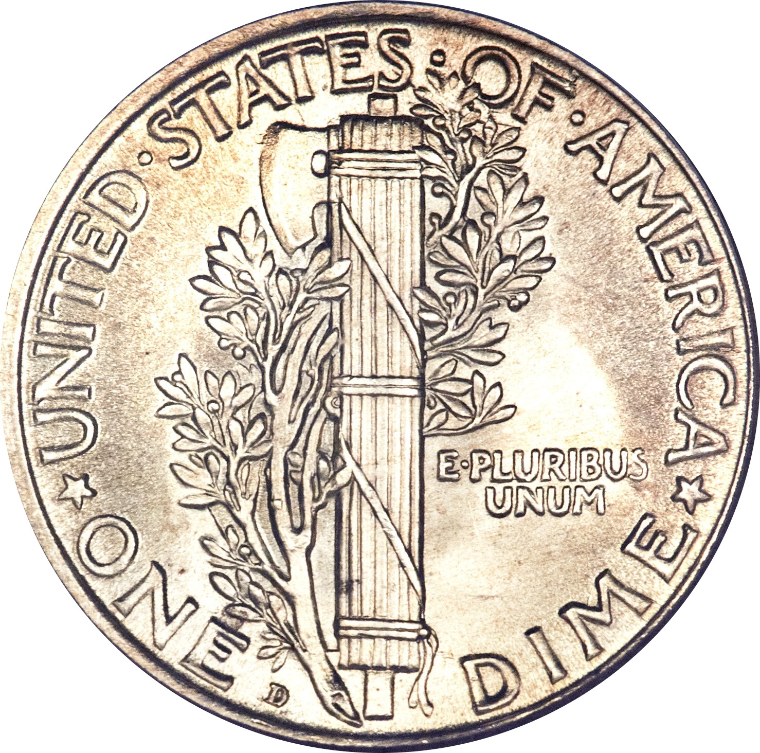 Mercury dime reverse showing the fasces and olive branch