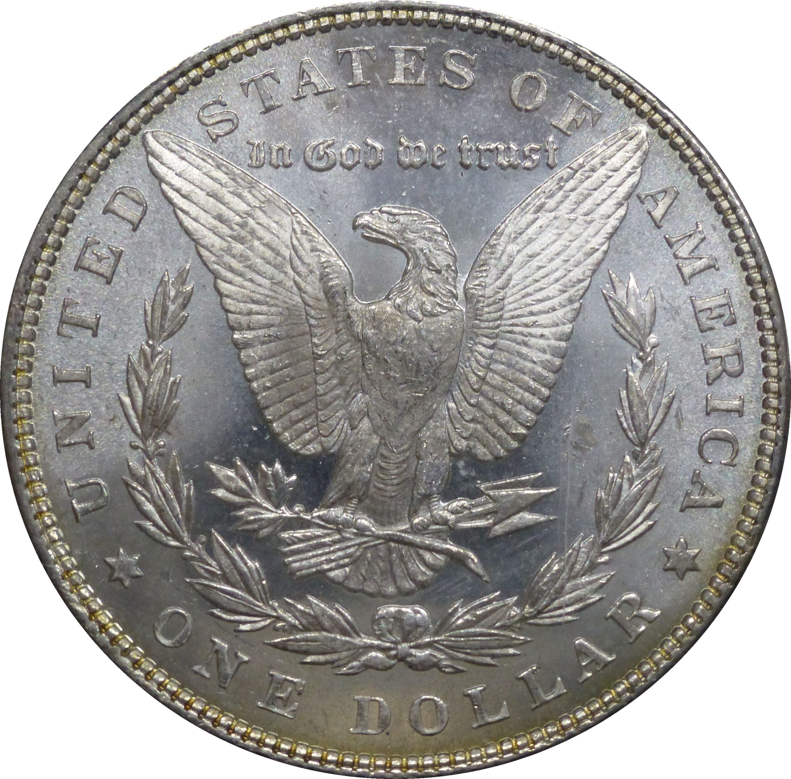 Morgan dollar reverse showing an eagle within a wreath