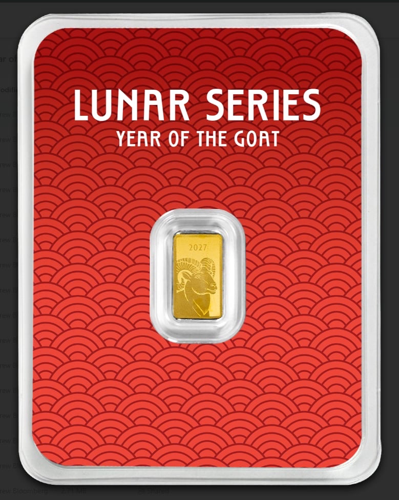 2027 Year of the Goat 1 Gram Gold Bar .9999 Fine Gold | Lunar Series Collectible Gold Bar | Sealed Card