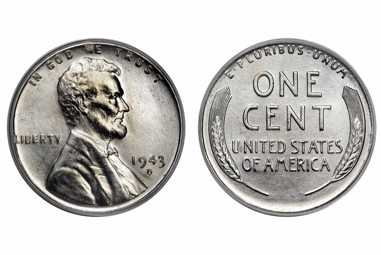 1943-D Lincoln steel penny showing the obverse and reverse sides