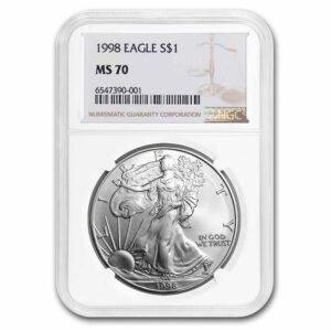 1998 American Silver Eagle $1, 1 oz silver coin in NGC MS70 holder