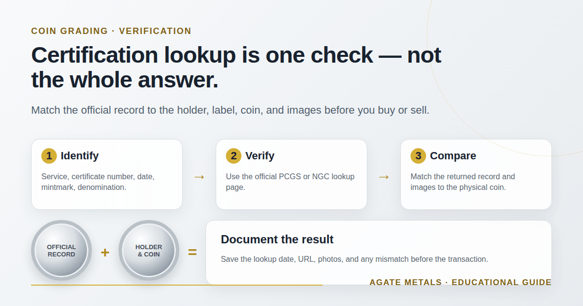 Certification lookup workflow: identify, verify, compare and document a certified coin.