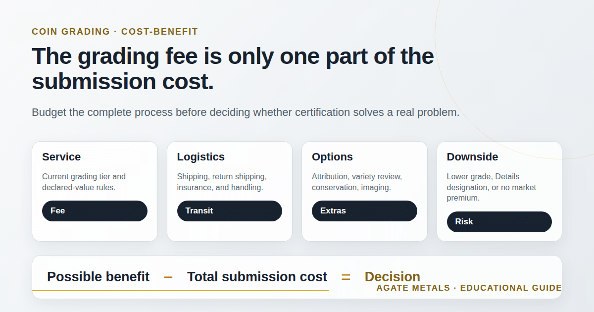 Coin grading cost breakdown covering service fees, logistics, optional services and the submission decision.