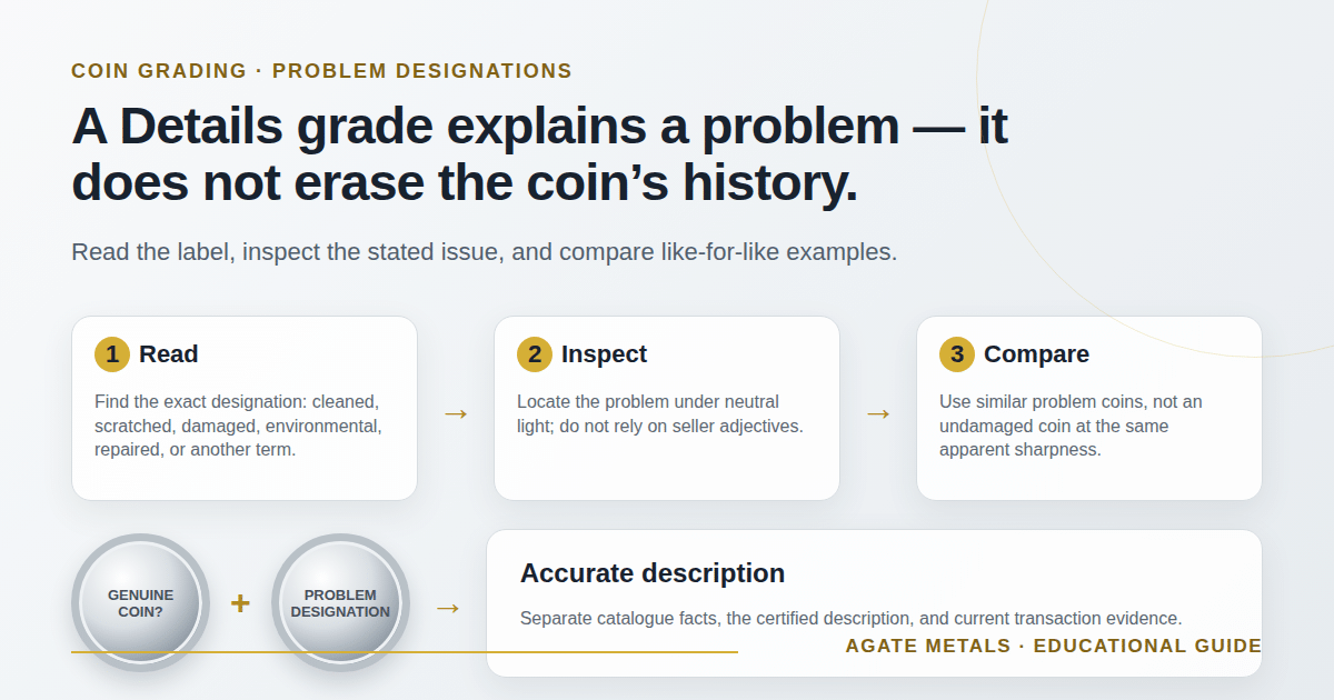 Details grade workflow showing how to read the problem, inspect the coin and compare similar examples.