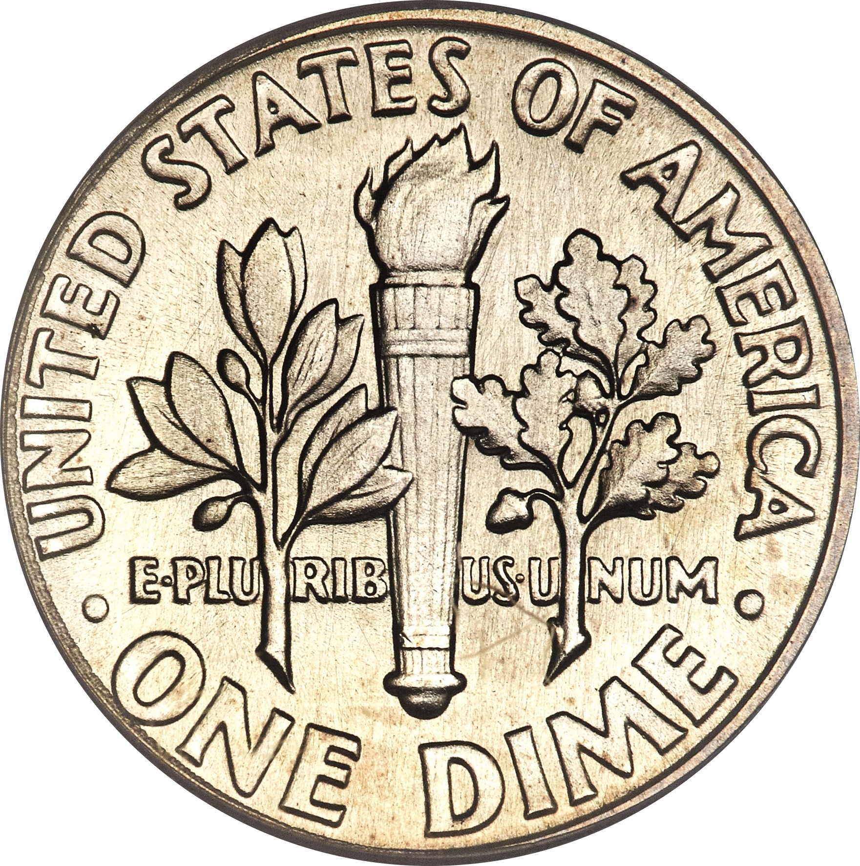 Roosevelt silver dime reverse showing torch, olive branch and oak branch
