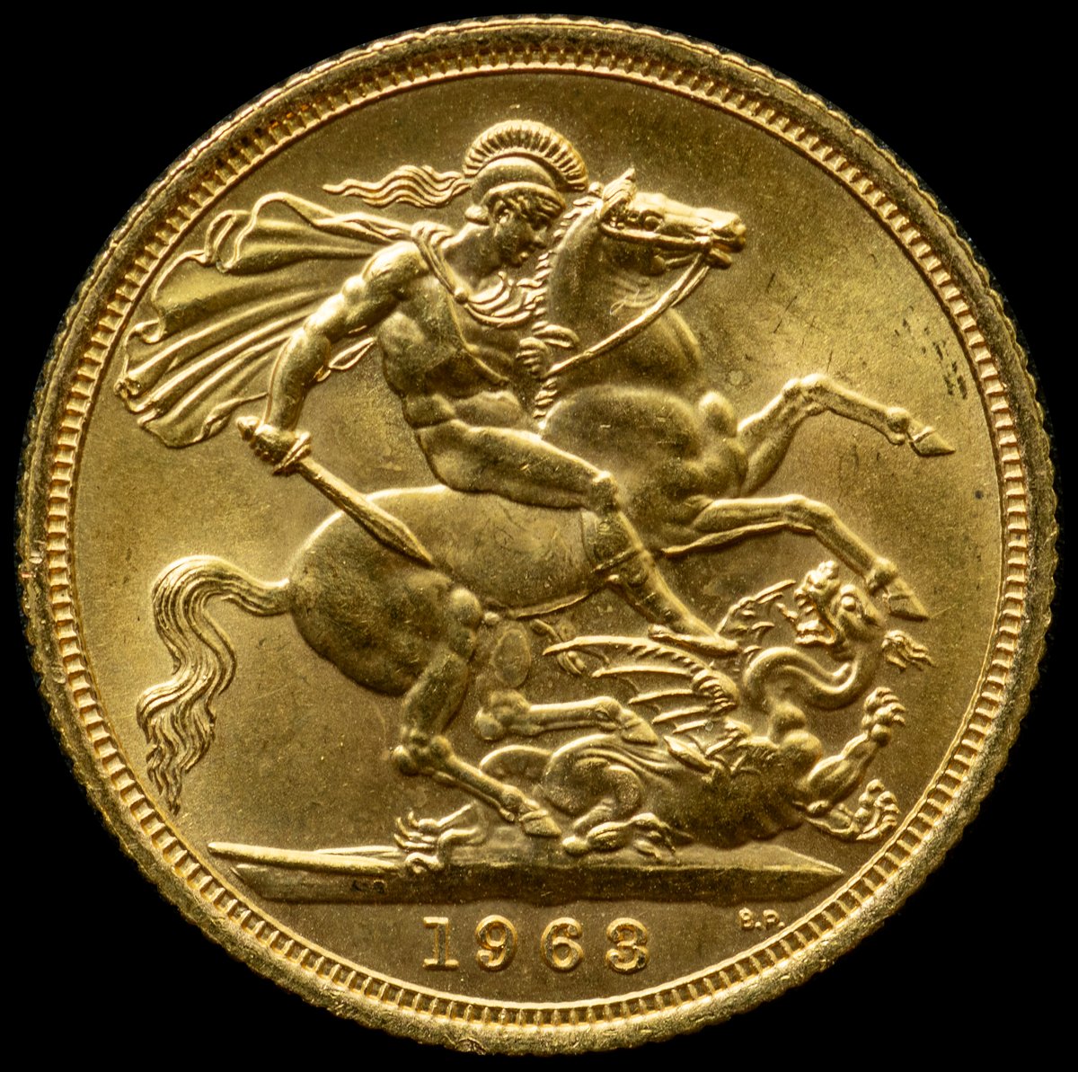 1963 sovereign reverse — Pistrucci's St. George slaying the dragon