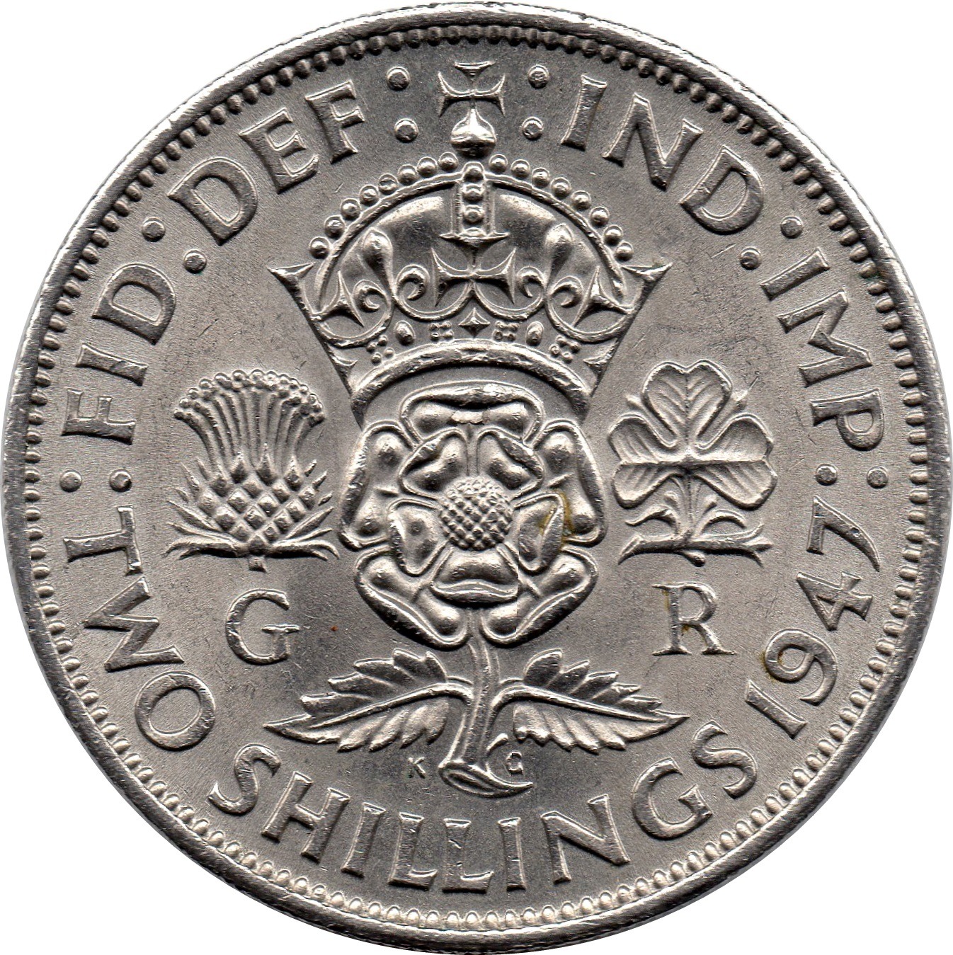 British two-shillings reverse with denomination and floral design