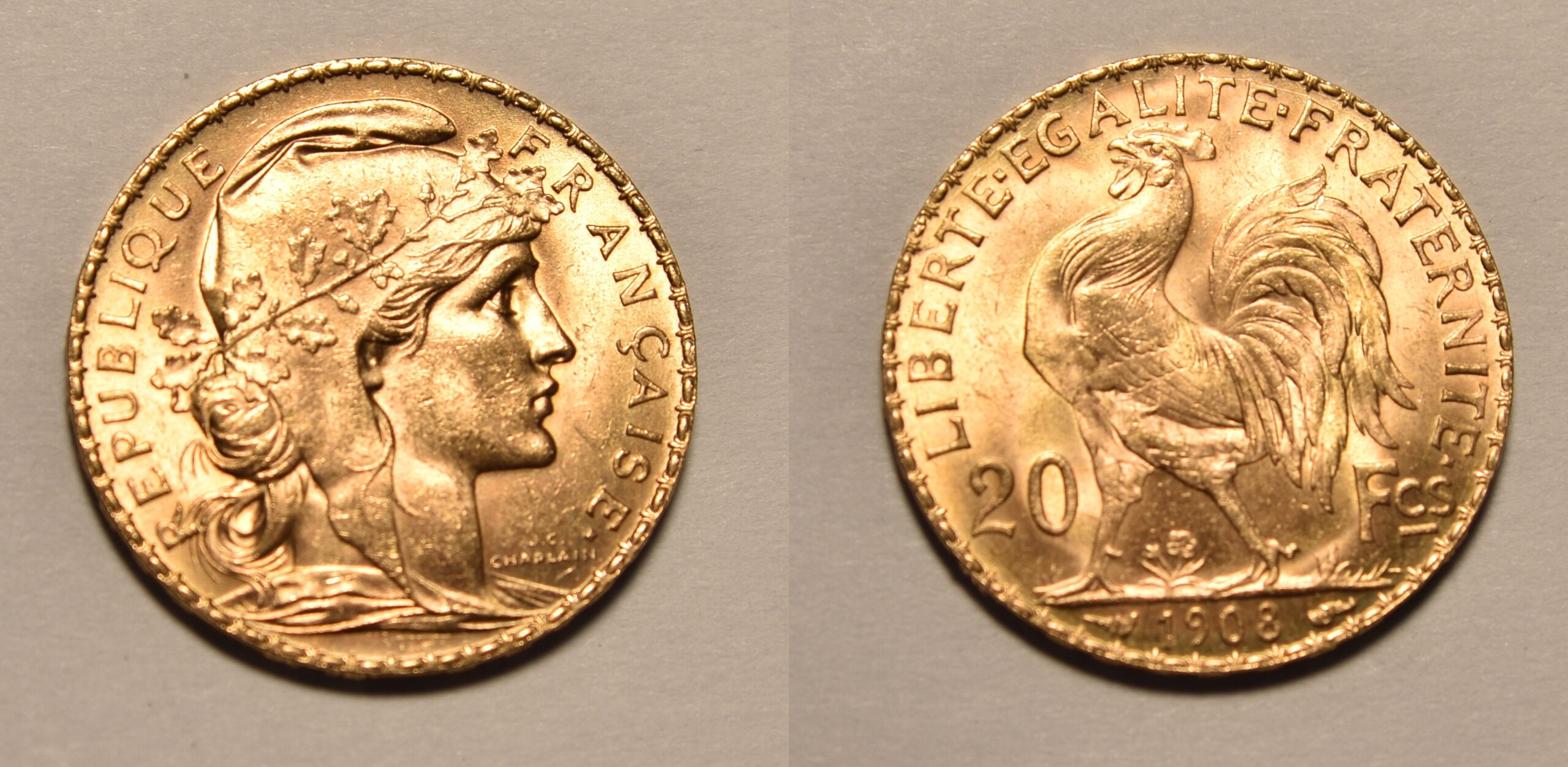 1908 French Rooster gold 20 francs — Marianne obverse and rooster reverse
