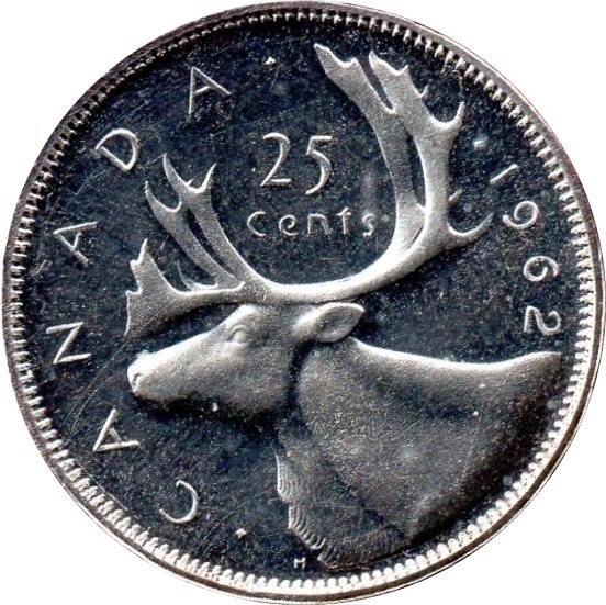 Canadian quarter reverse showing the caribou