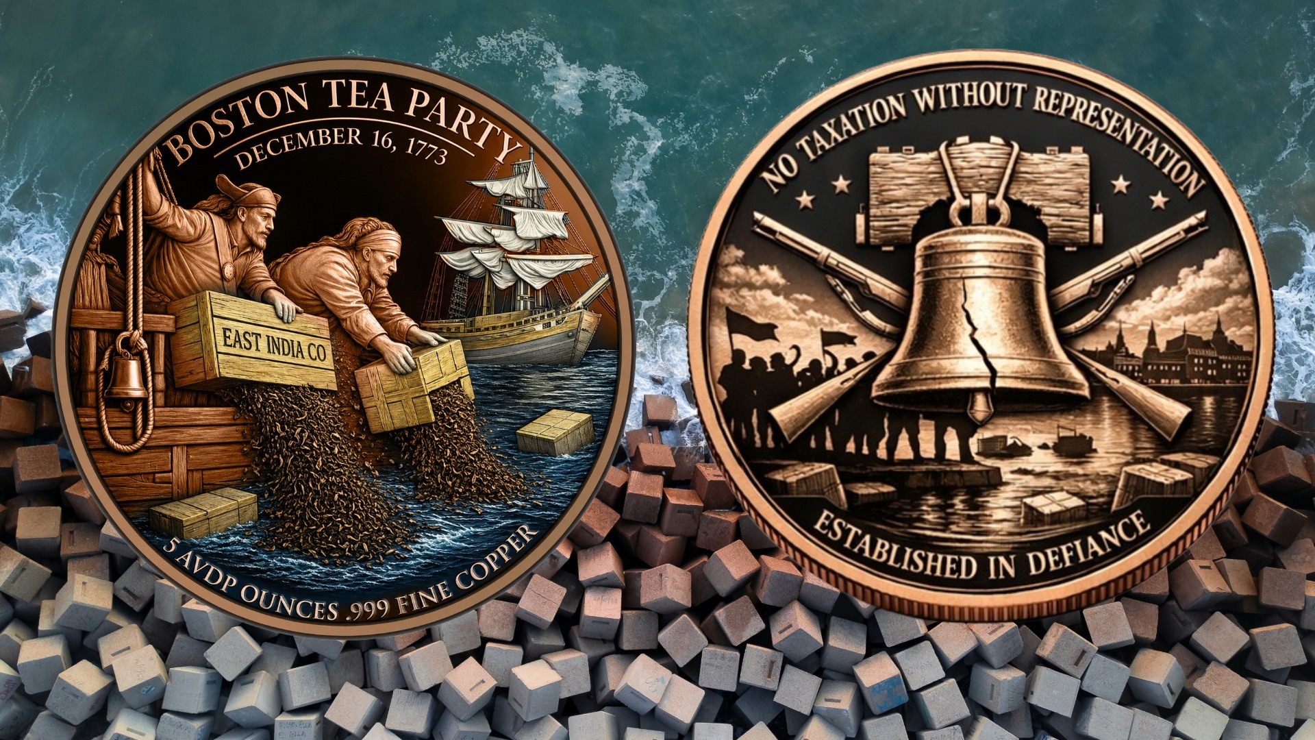 5 oz Boston Tea Party Commemorative Colorized Copper in Capsule (5000 Mintage)