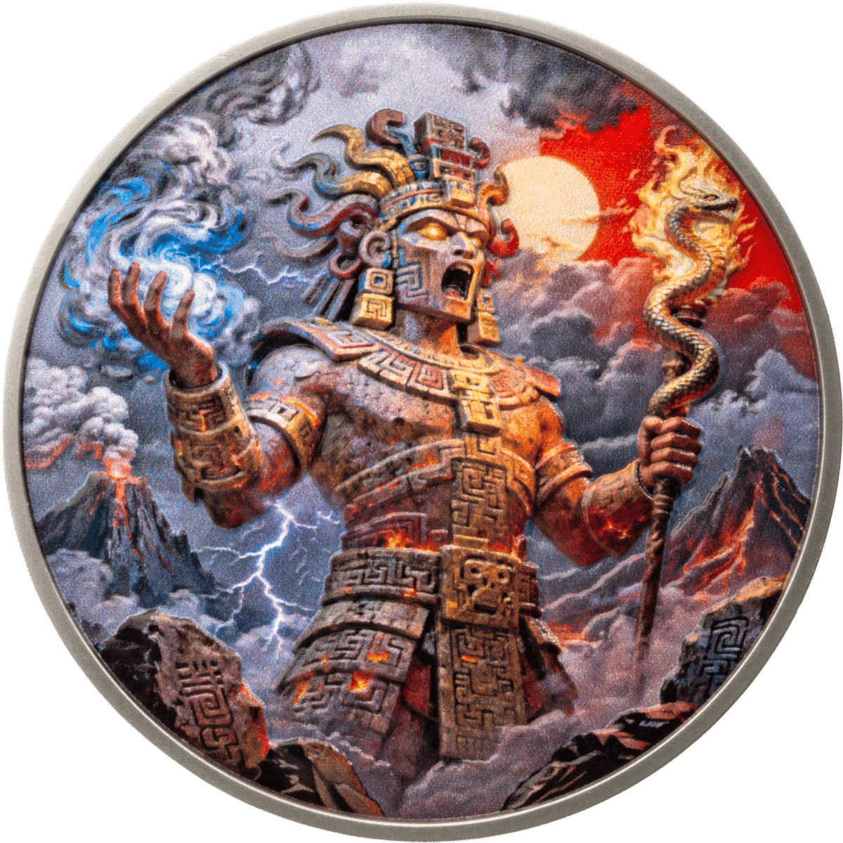 2026 Liberia Aztec Heritage - Xiuhtecuhtli 2 oz Silver Antiqued Colorized Coin