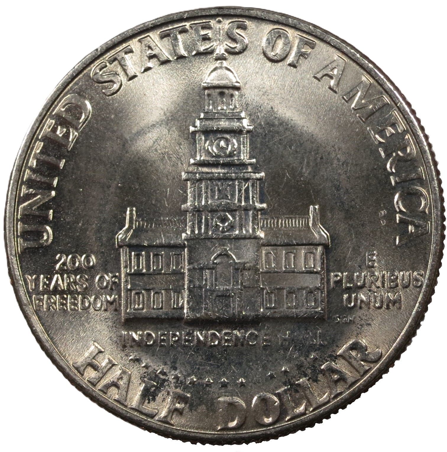 Bicentennial Kennedy half dollar reverse showing Independence Hall