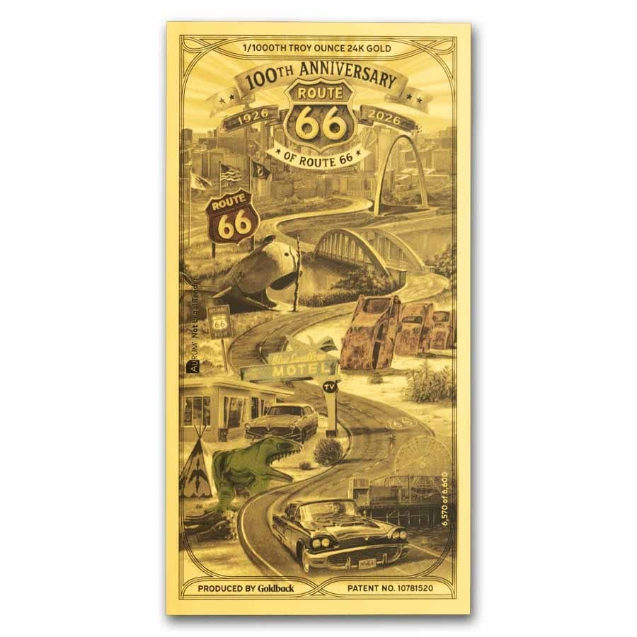 100th Anniversary Route 66 Gold Note 1/1000 oz 24K gold