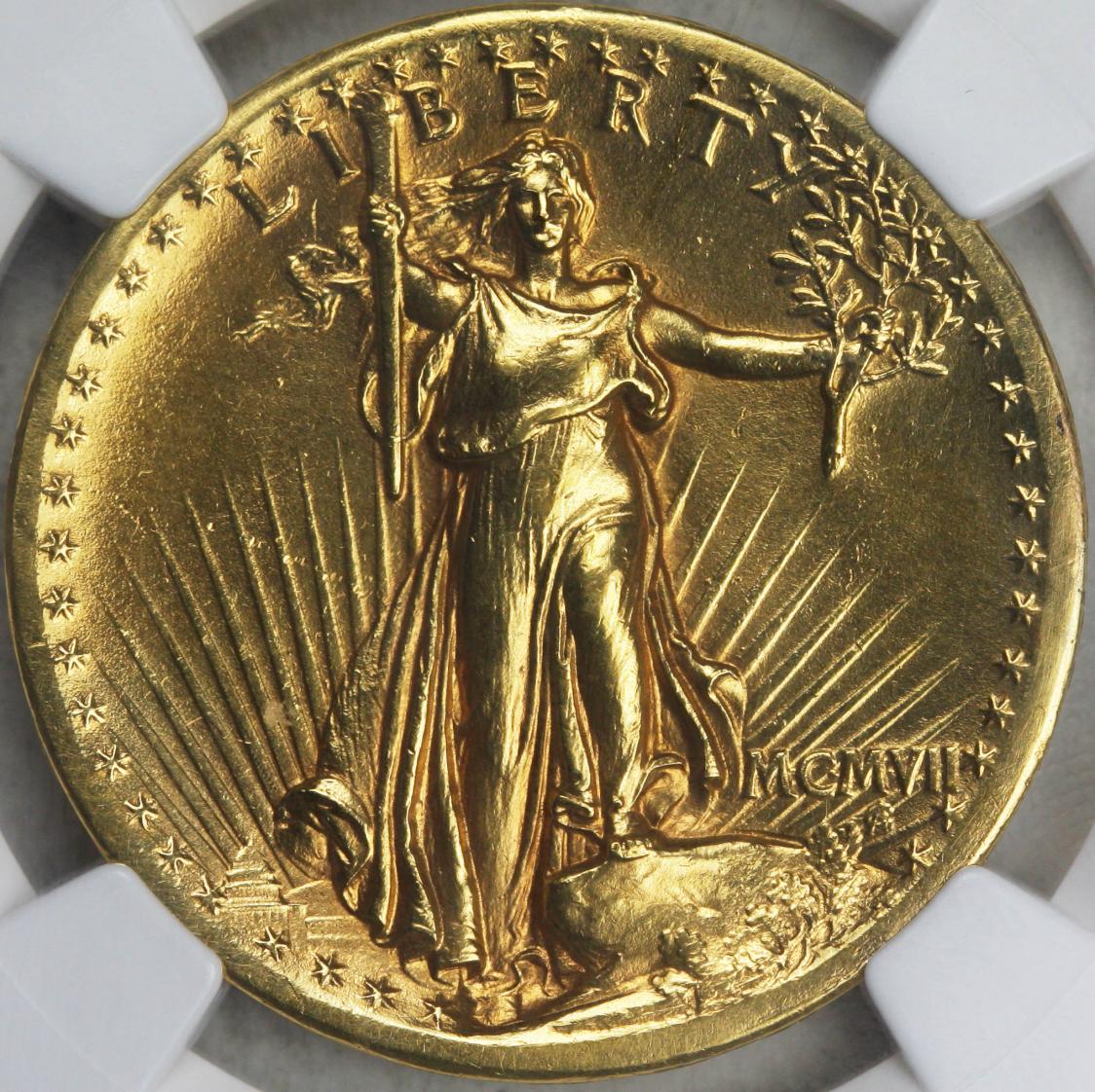 1907 High Relief Saint-Gaudens double eagle obverse — Liberty striding forward