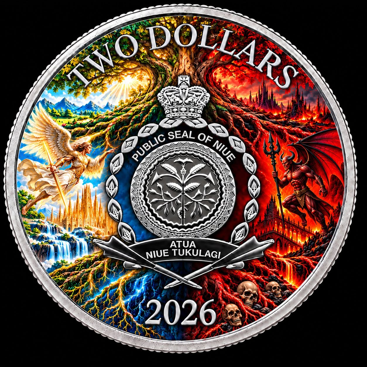 Tree of Life — Garden of Eden: The Oldest Story Ever Told, Struck in 1 oz Silver 2 2026 Niue Tree of Life Garden of Eden 1 oz silver coin - Public Seal of Niue side, split between light and darkness